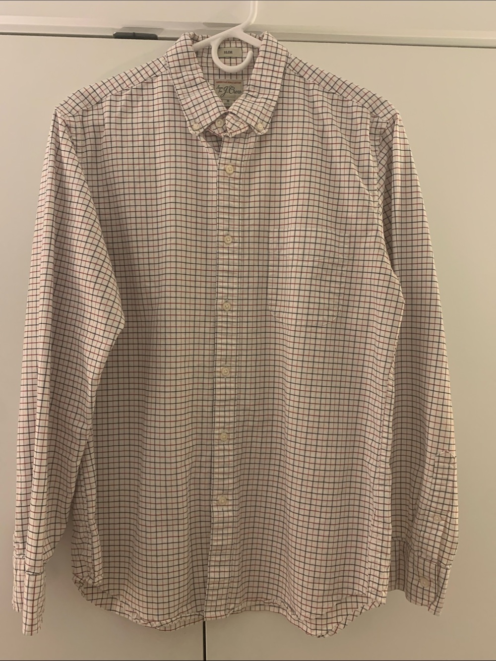 J. Crew Men's Long-Sleeve Button-Down Shirt in White with Red & Navy Windowpane